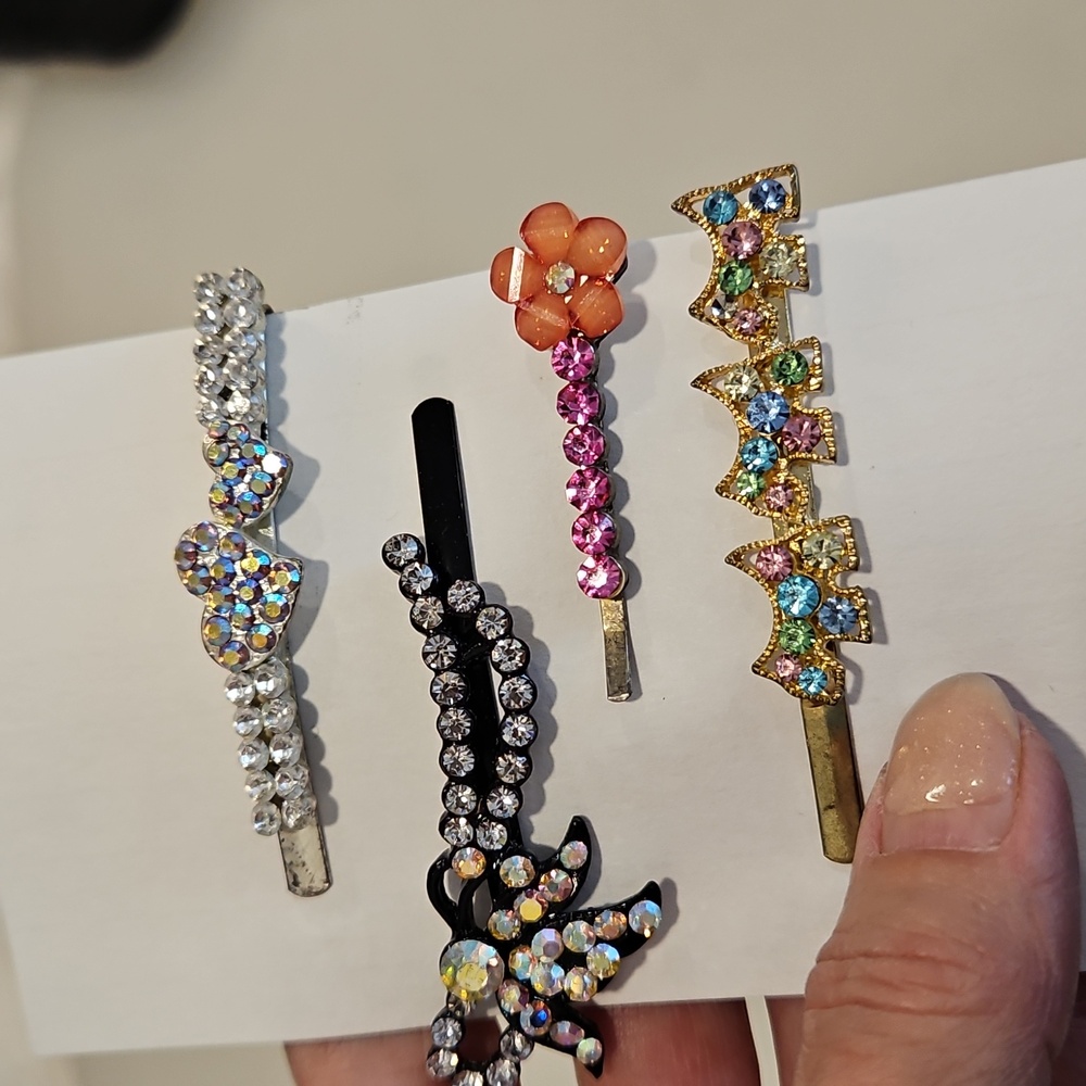 4 Piece Lot Multicolor Rhinestone hair pins Bow Flower Scottie Designs Cute - Picture 2 of 5